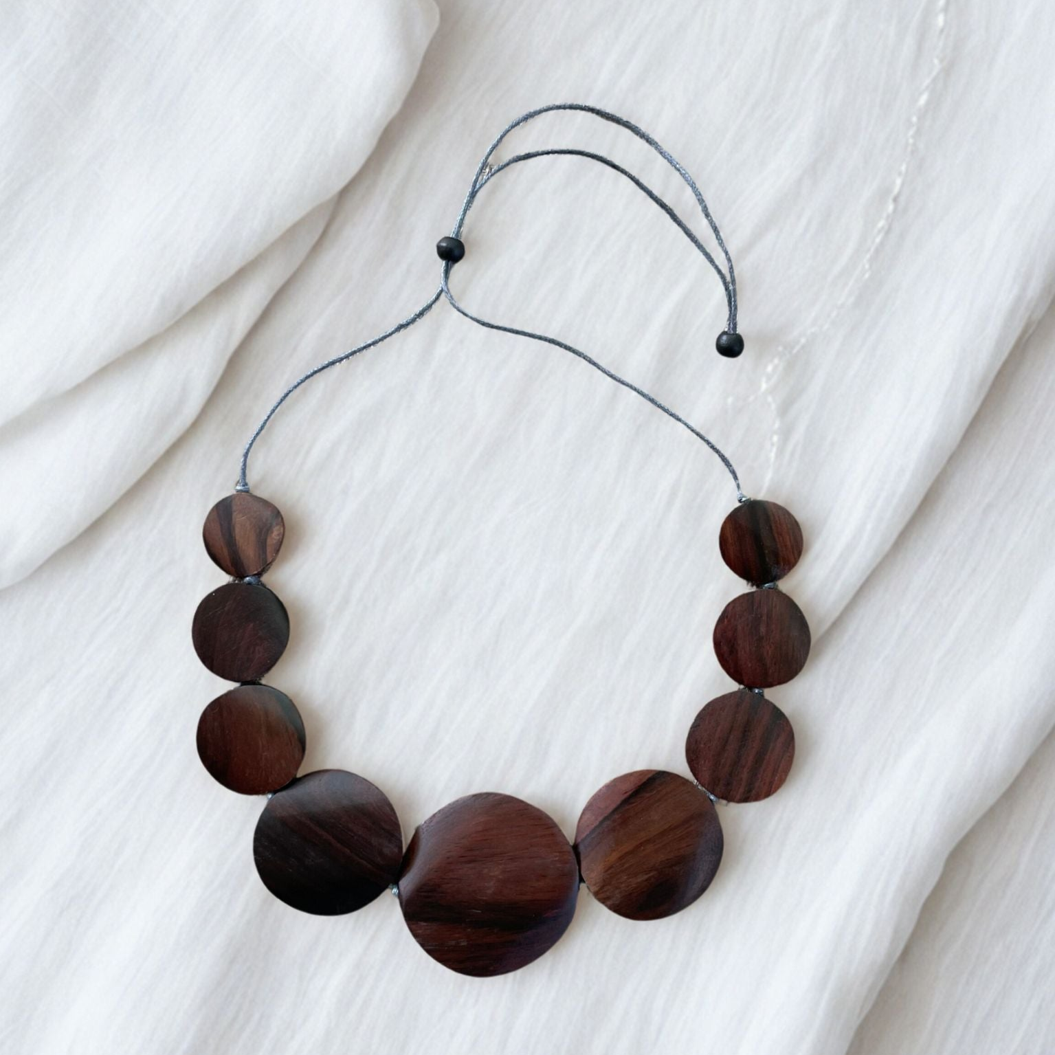 Layered natural wood graduated disc pendant necklace bohemian artisan jewelry