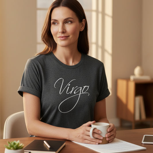 Women's Virgo earth sign t-shirt — analytical, kind, perfectly particular — August September birthday gift for her