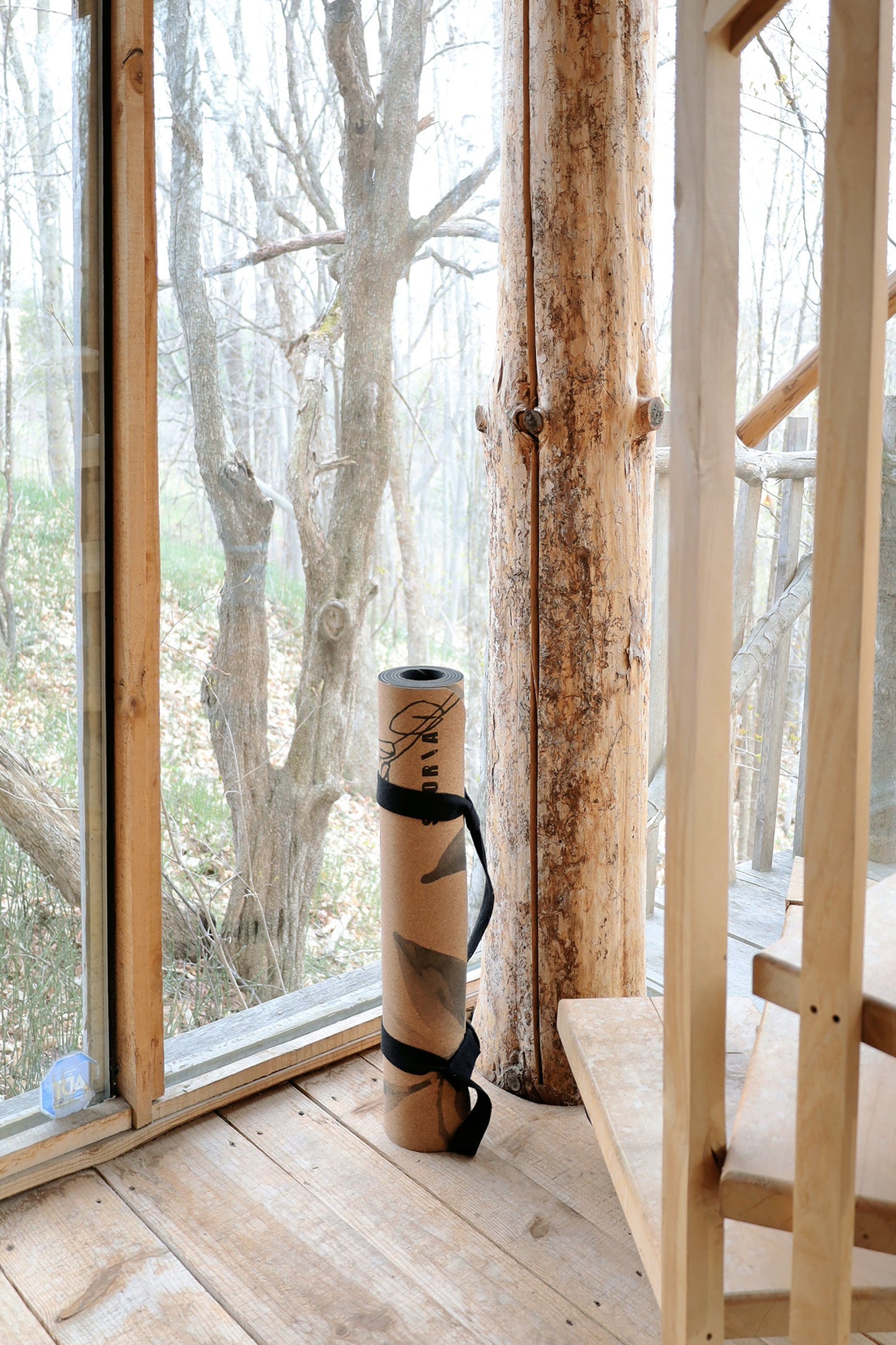 Yoga mat with straps on a wooden floor in front of large windows with a view of trees.
