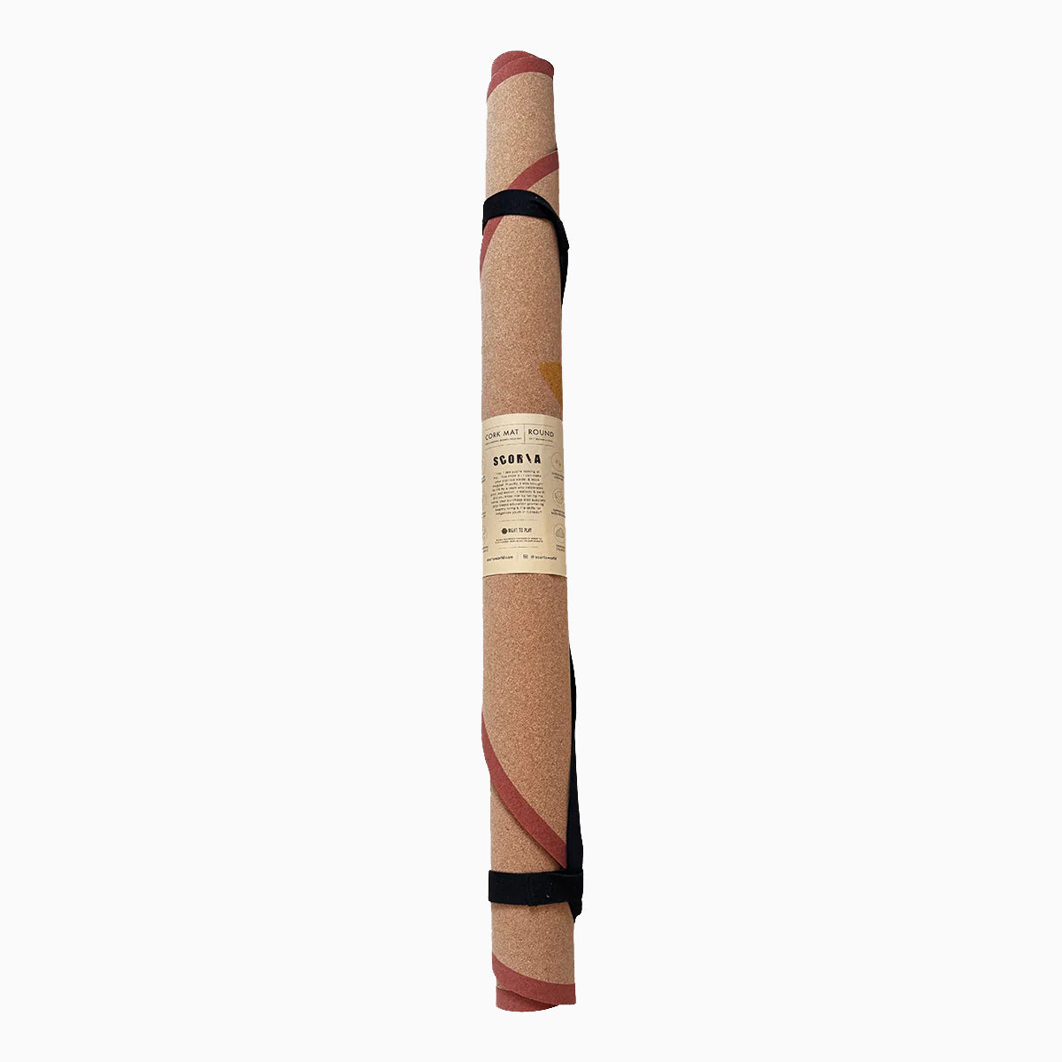fully rolled up Round cork mat with a floral design in orange and pink with strap on a beige background 