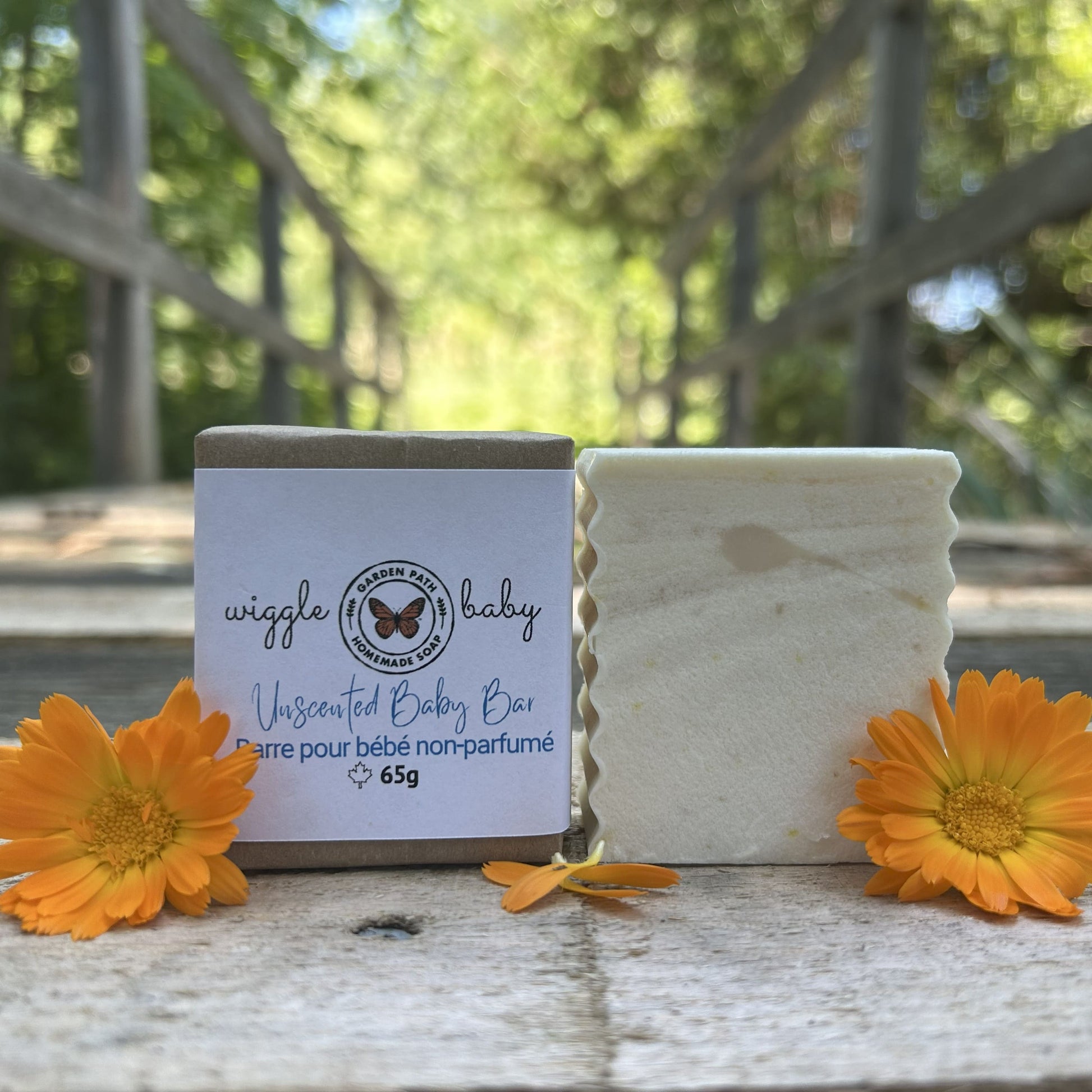 All natural fragrance-free baby soap bar with chamomile and calendula — small batch handmade soap gift for new parents, artisan soap Canada