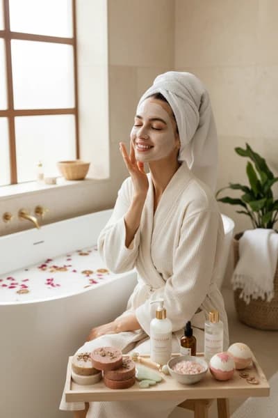 Woman applying facial mask in a bathroom with a bathtub and skincare products.