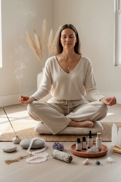 A woman meditates cross-legged on a cushion in a bright, minimalist room, surrounded by spa items including crystals, a smudge stick, essential oils, and a reed diffuser.
