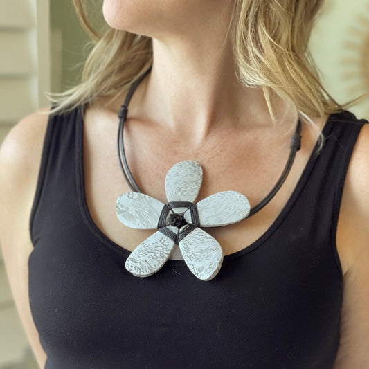 Large wooden flower necklace Bali handmade boho artisan grey