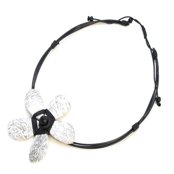 Artisan wood flower statement necklace Bali jewelry white