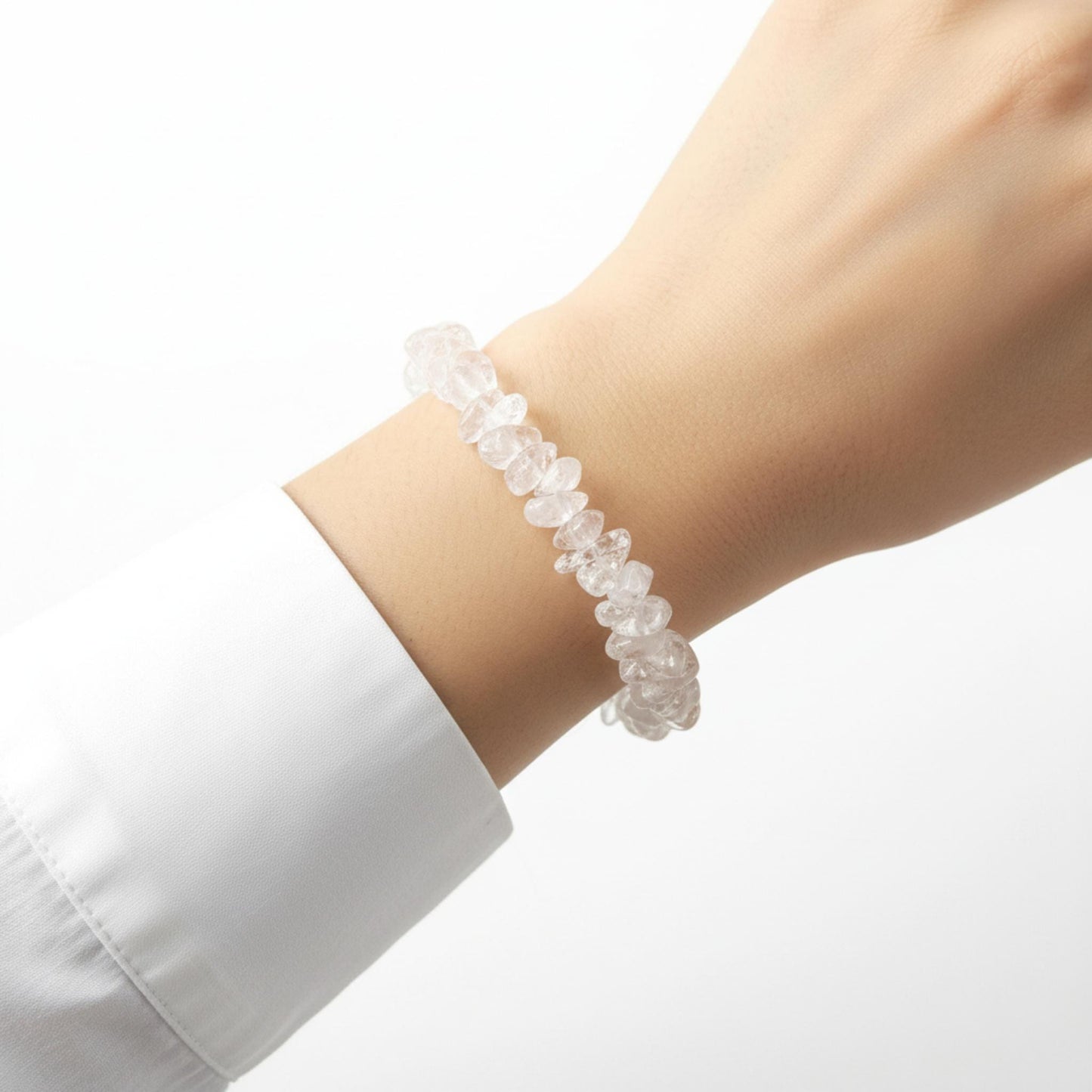 Clear Quartz crystal chip bracelet for Crown Chakra clarity and manifestation — ethically sourced master healer gemstone jewelry