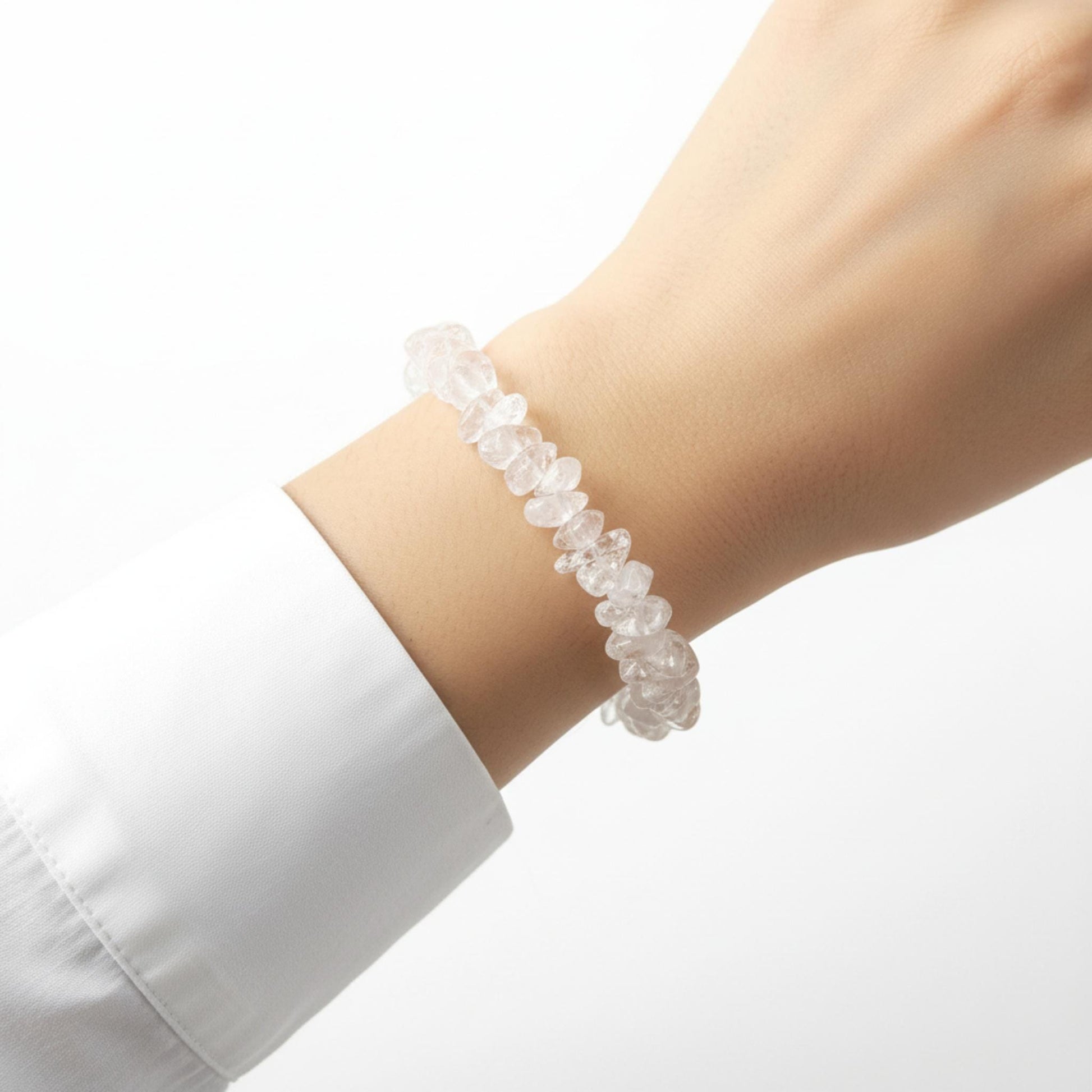Clear Quartz crystal chip bracelet for Crown Chakra clarity and manifestation — ethically sourced master healer gemstone jewelry