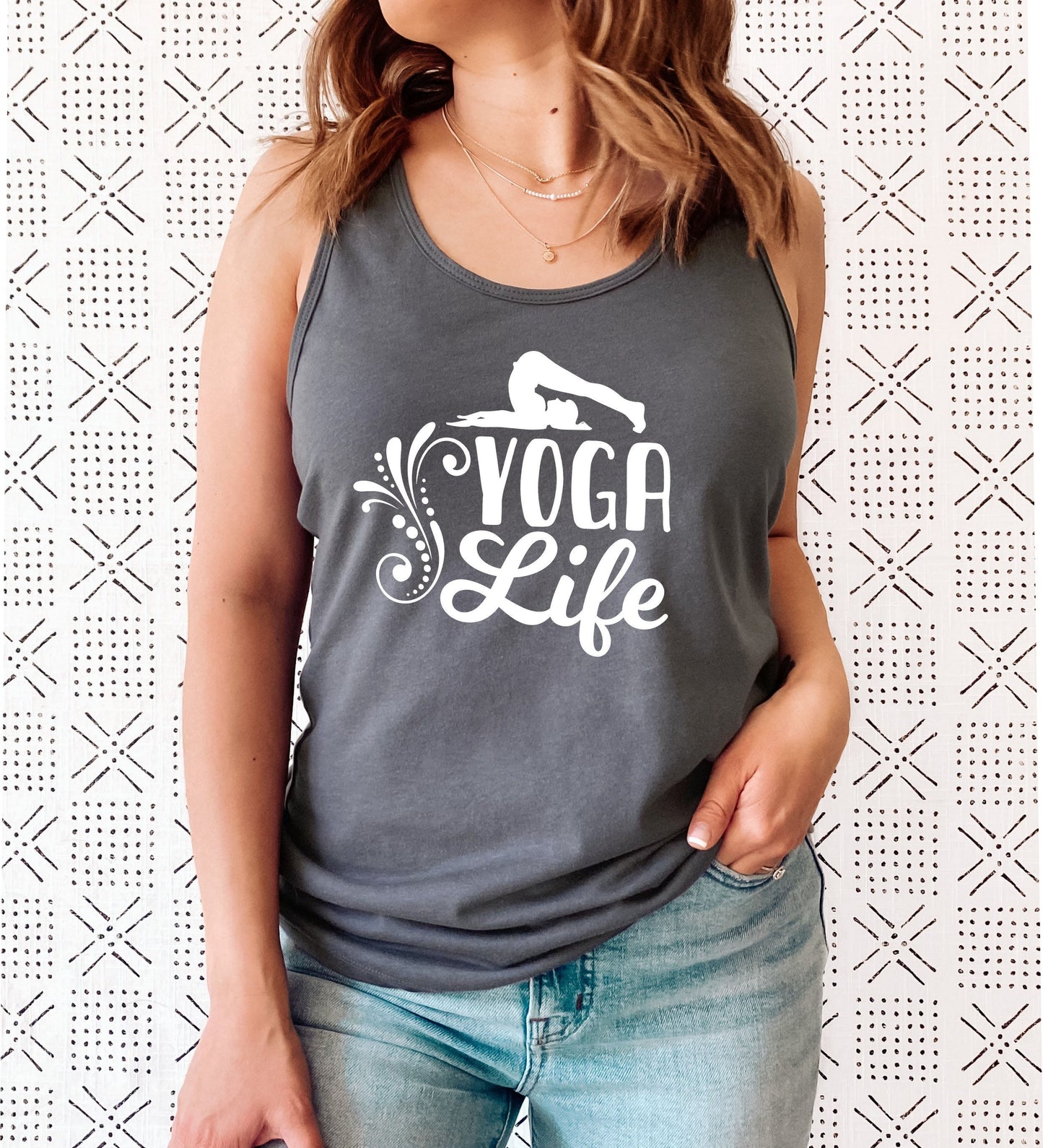 Empowering yoga lifestyle racerback tank top for dedicated and passionate yogis in dark grey