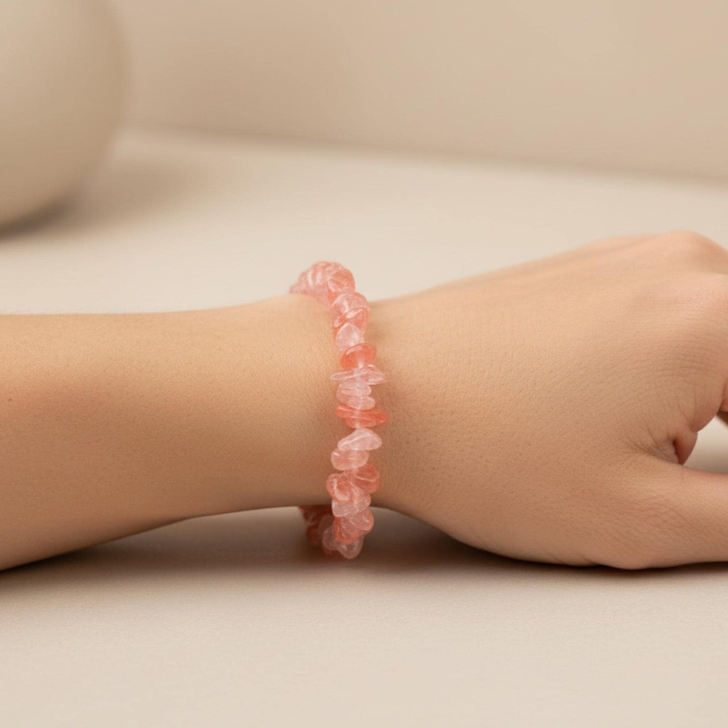 Cherry Quartz healing bracelet — natural pink gemstone chips for self-love, emotional balance, and Heart Chakra energy