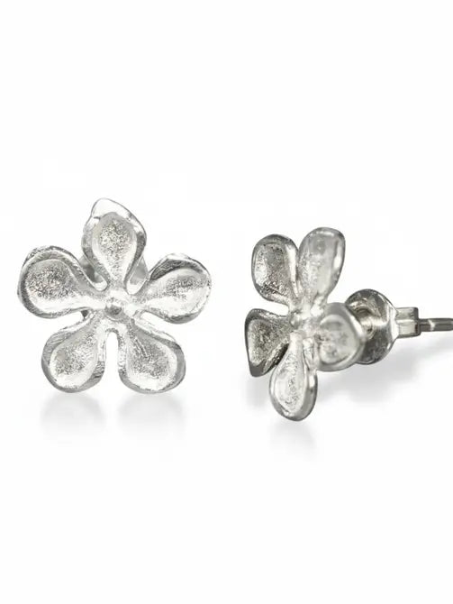 Silver plate hammered flower stud earrings artisan boho jewelry made in Bali