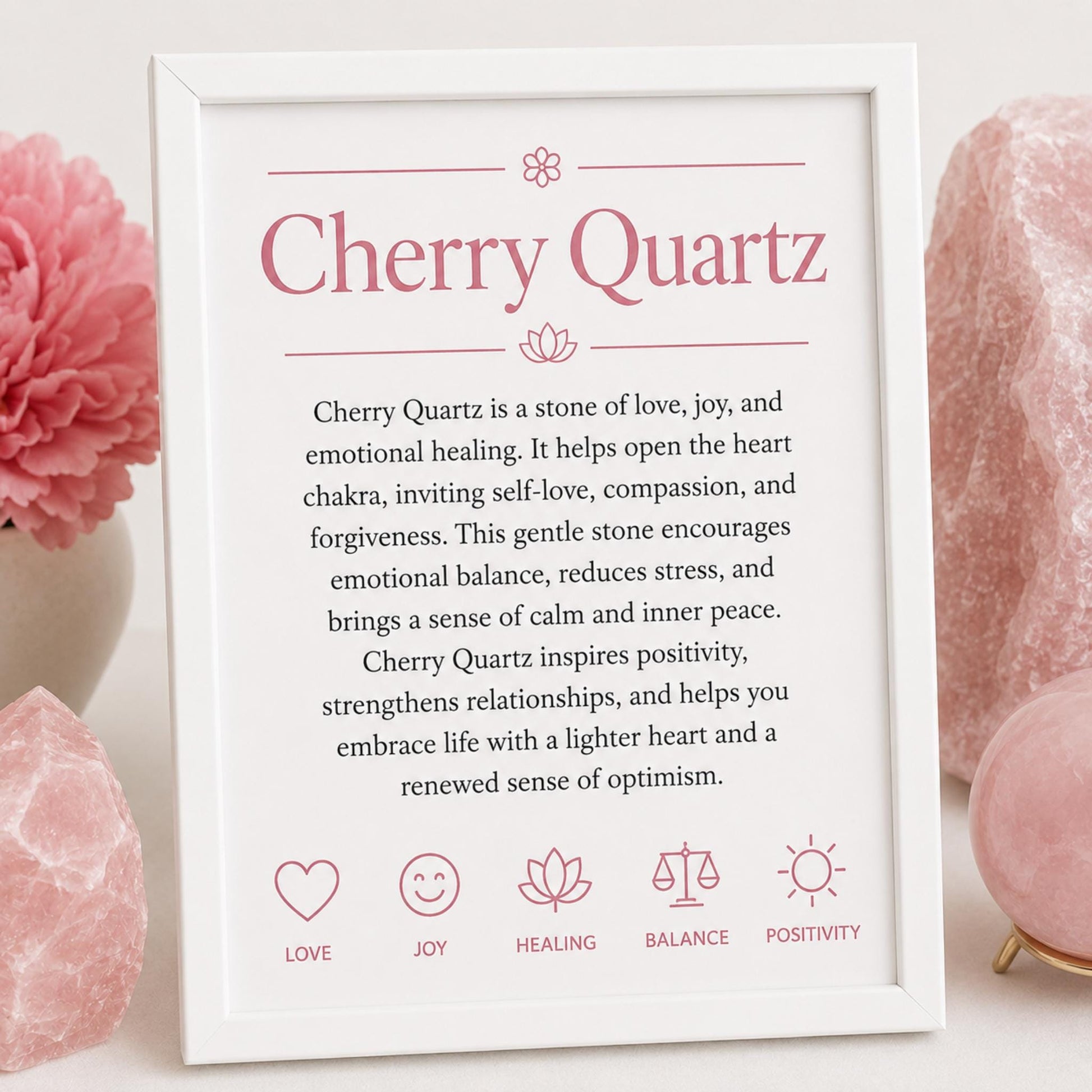 properties card for Cherry Quartz crystal bracelet handmade to order — uplifting pink gemstone jewelry for emotional healing and intentional living