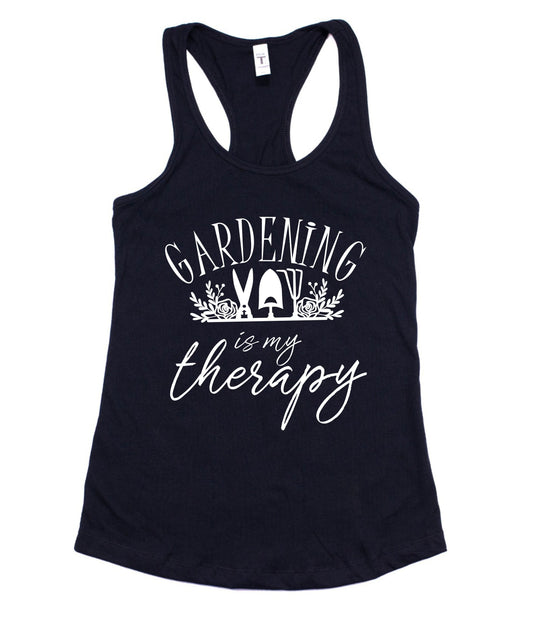 Relatable "Gardening Is My Therapy" tank top for nature-loving women in black