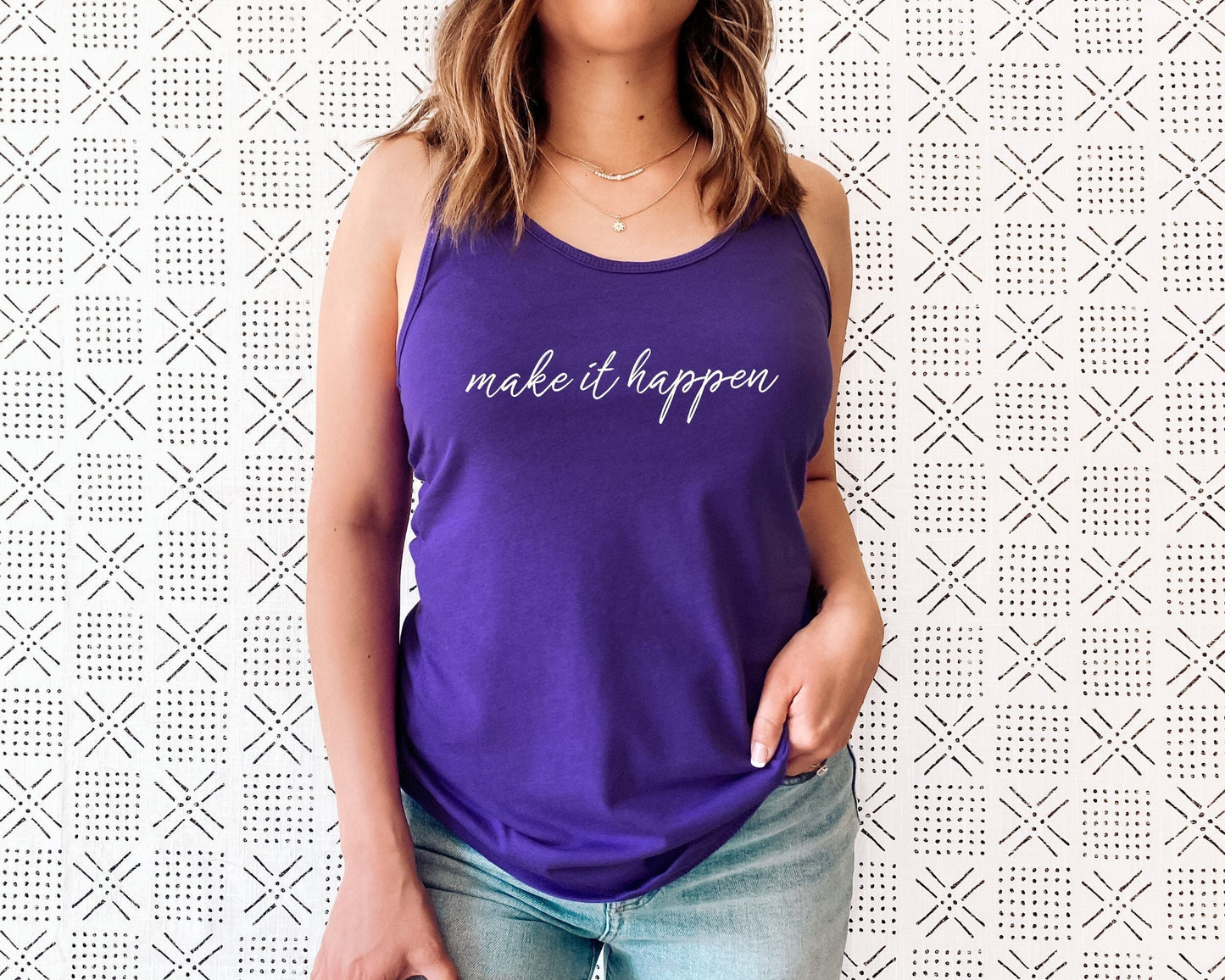 Goal-setting women's affirmation tank top for yoga, fitness and everyday motivation in purple