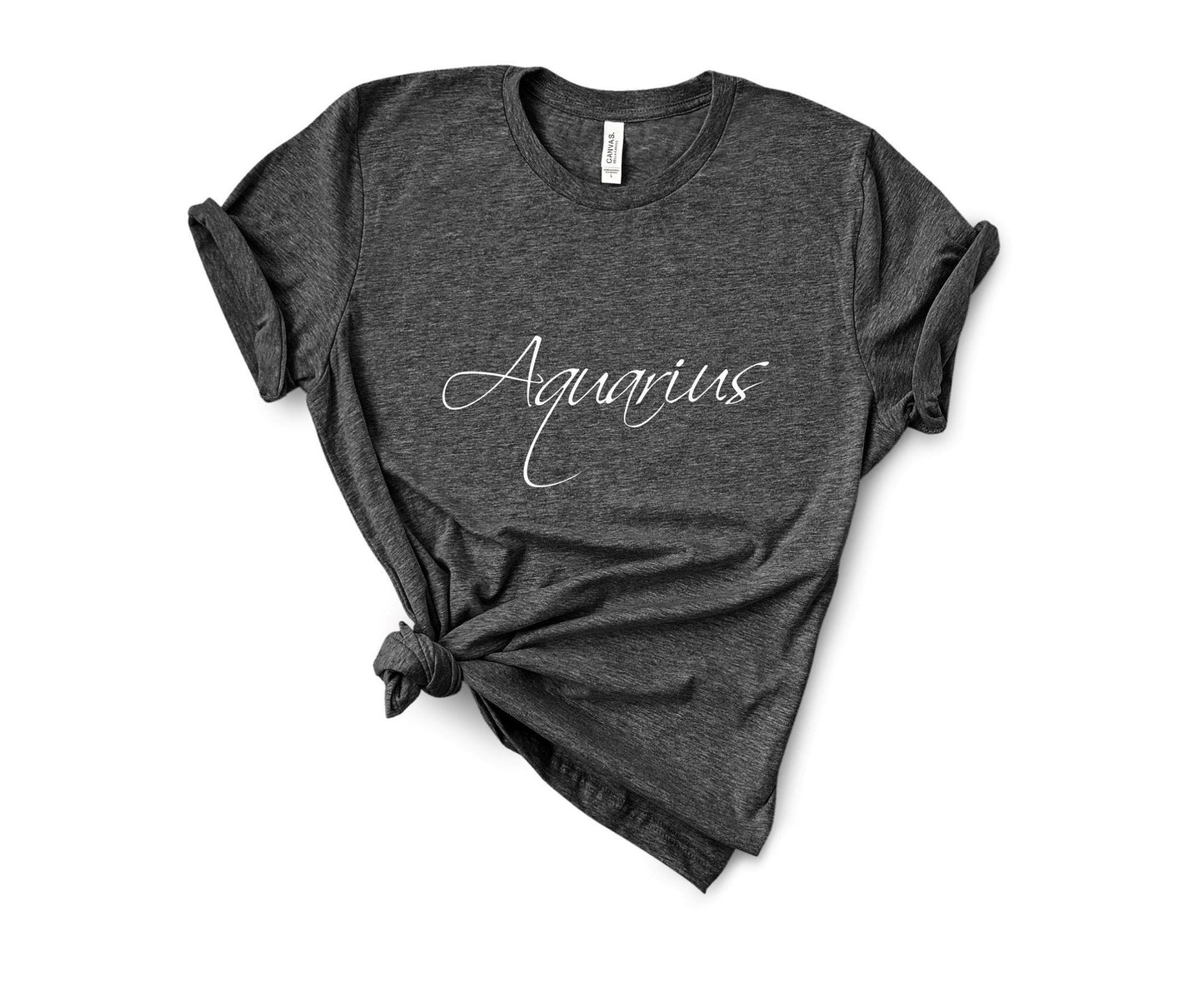Women's Aquarius astrology t-shirt with bold zodiac symbol graphic print in dark grey