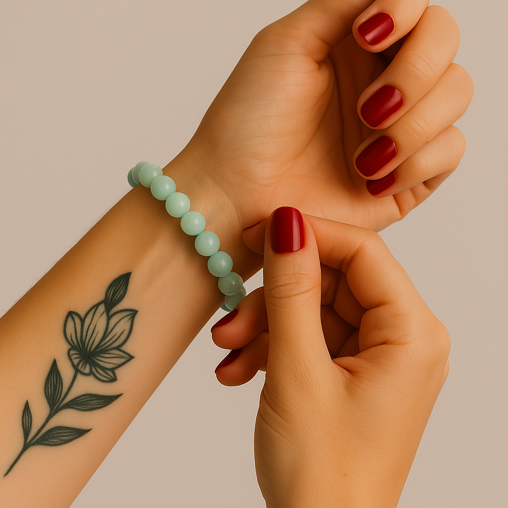 Calming and truth-enhancing amazonite bead bracelet in soft teal green