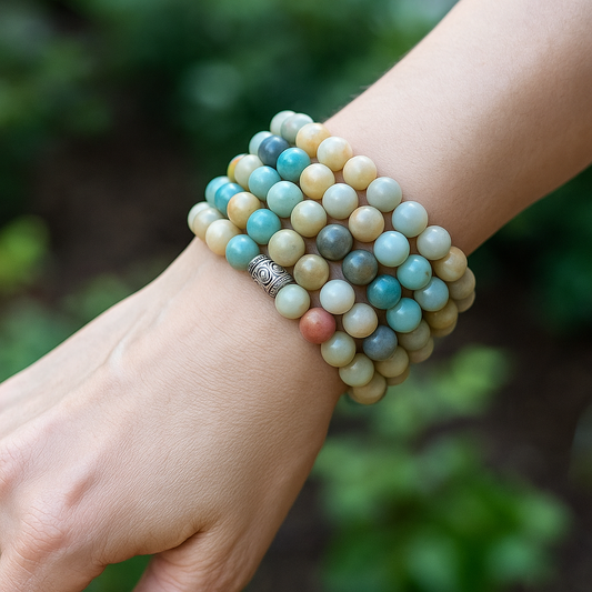 Flower Amazonite gemstone bracelet for women — floral patterned teal crystal bead bracelet for harmony