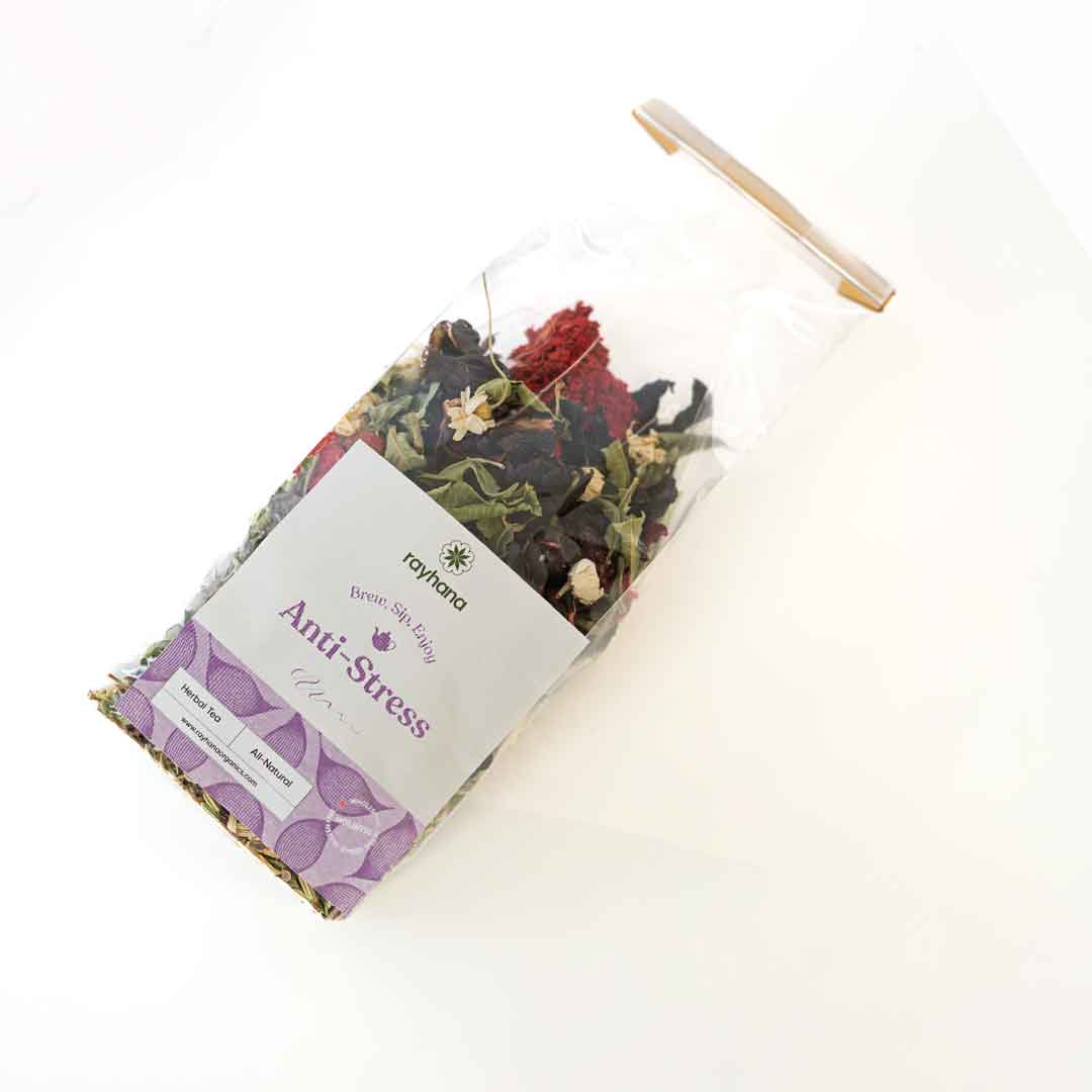 Loose leaf anti-stress tea blend by Rayhana Organics — dried botanicals for natural calm and tension relief