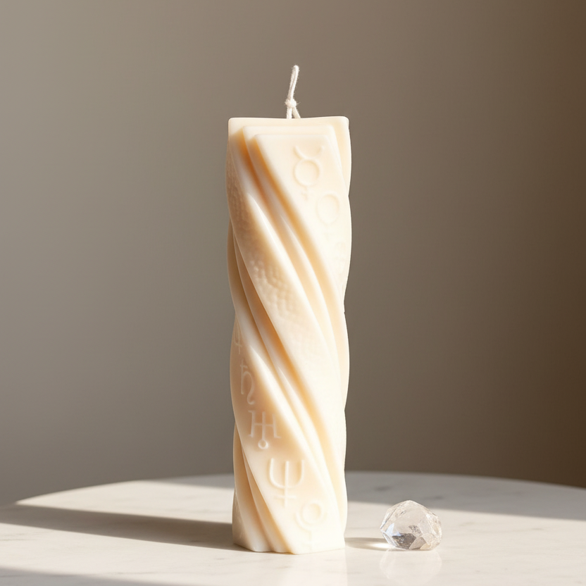 Cream ivory twisted astrological pillar candle with embossed zodiac symbols and moon phases — Estelle Studio sculptural soy candle, mystical home décor Canada