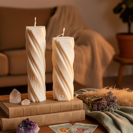 Estelle Studio astrological pillar candle cream ivory styled in bohemian reading nook with crystals — zodiac moon phase soy candle mystical home décor Canada