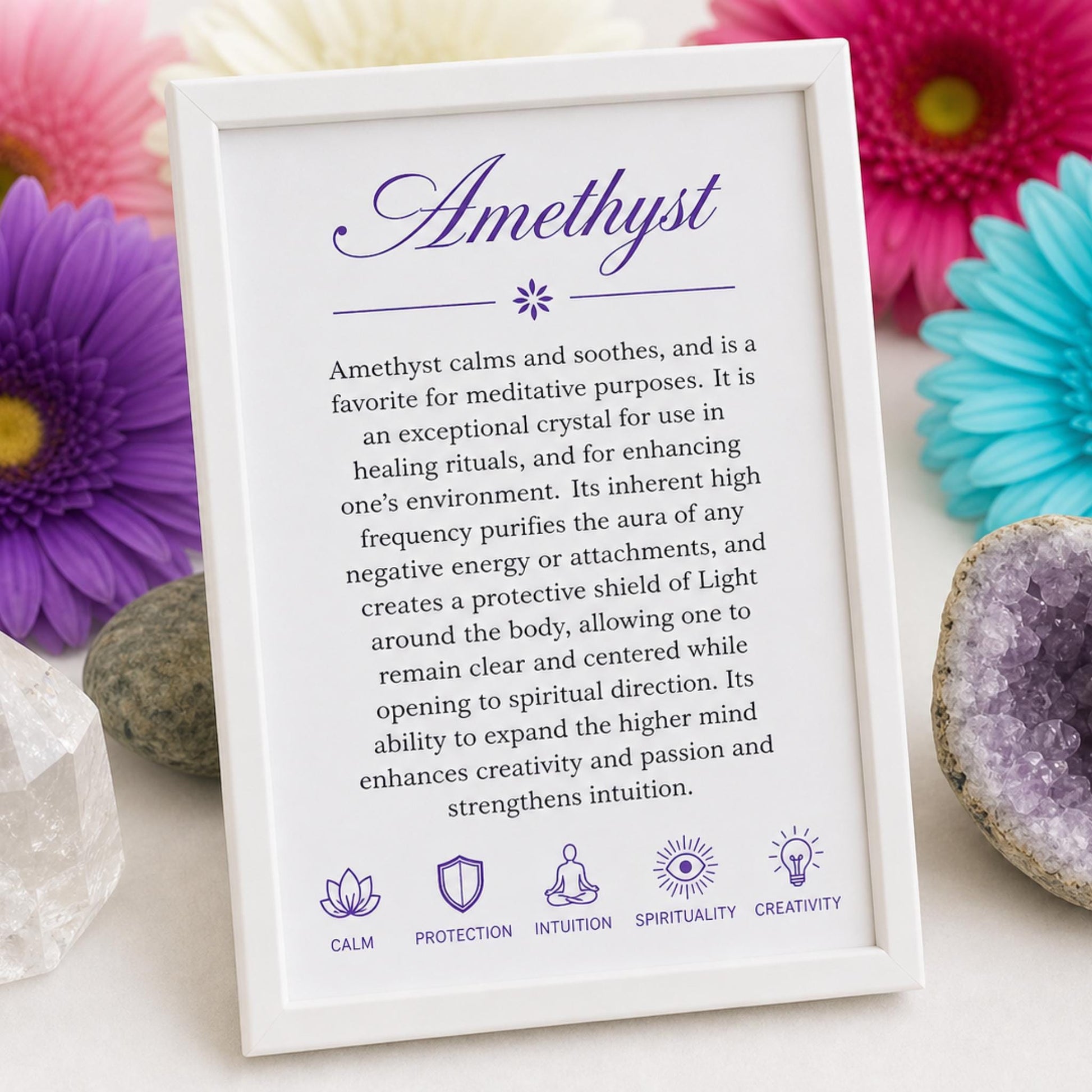 properties card for Raw Amethyst healing bracelet — natural purple gemstone chips for meditation, emotional healing, and Crown Chakra energy
