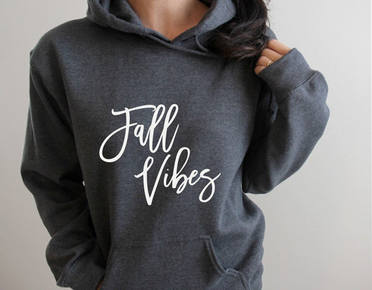 Cozy and seasonal "Fall Vibes" pullover hoodie for autumn-loving women in grey