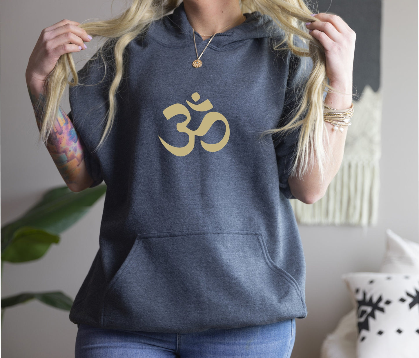Spiritual women's hoodie for yoga, meditation and mindful daily living in grey with gold ohm symbol