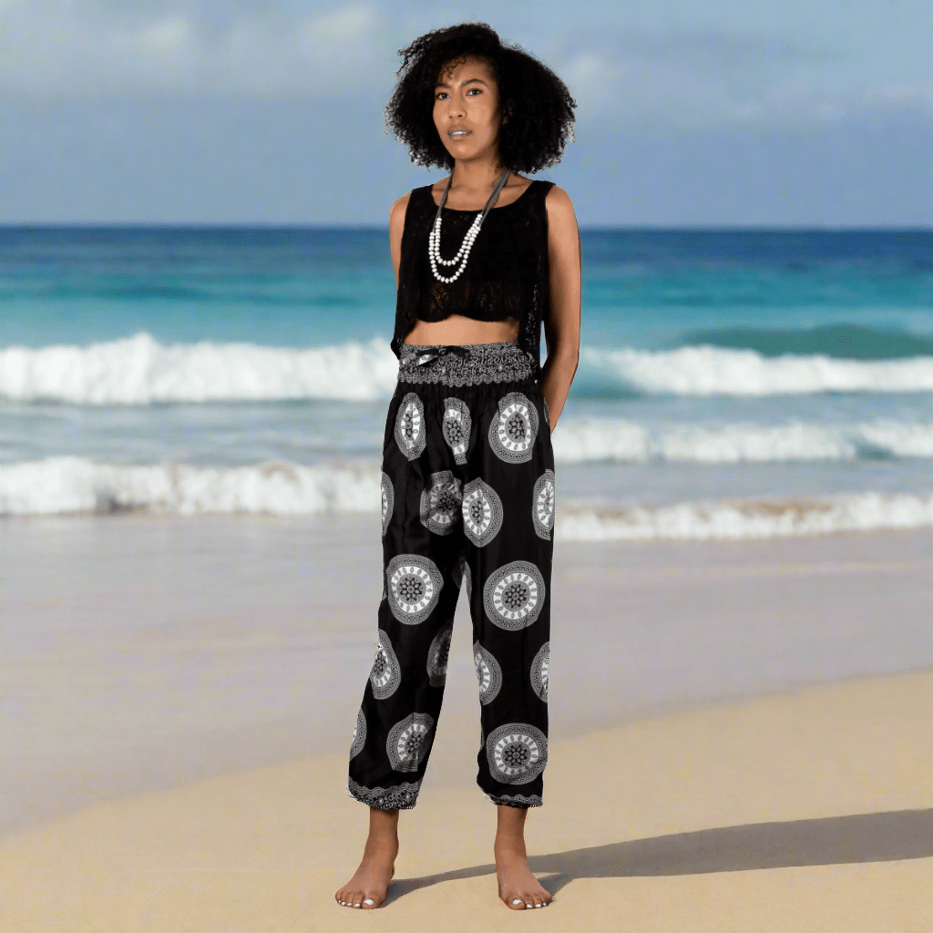Black & White Circle Print Bali Pants - Best Life Apparel