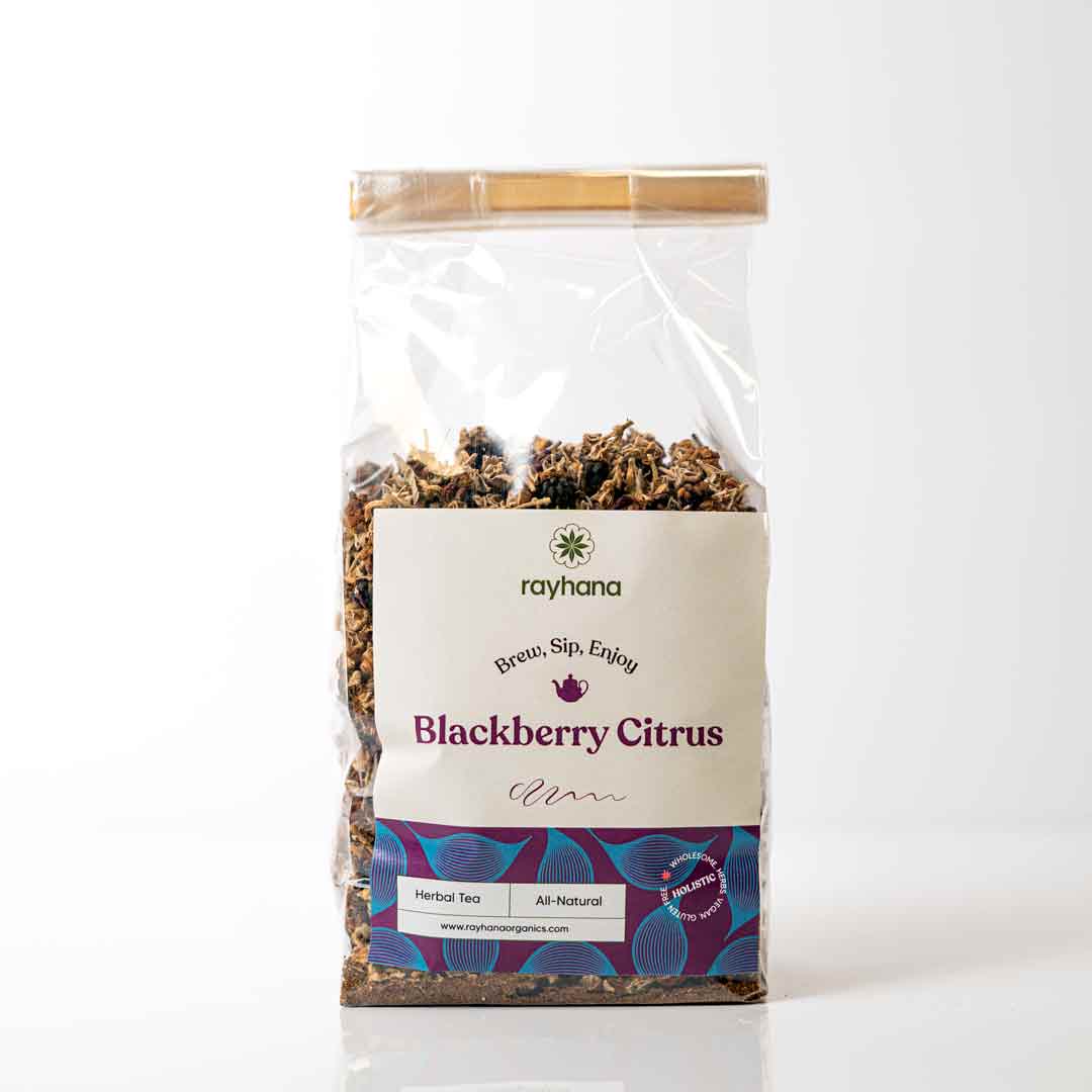 Bright and tangy blackberry citrus herbal tea — dried fruit blossoms for antioxidant wellness