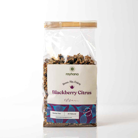 Bright and tangy blackberry citrus herbal tea — dried fruit blossoms for antioxidant wellness