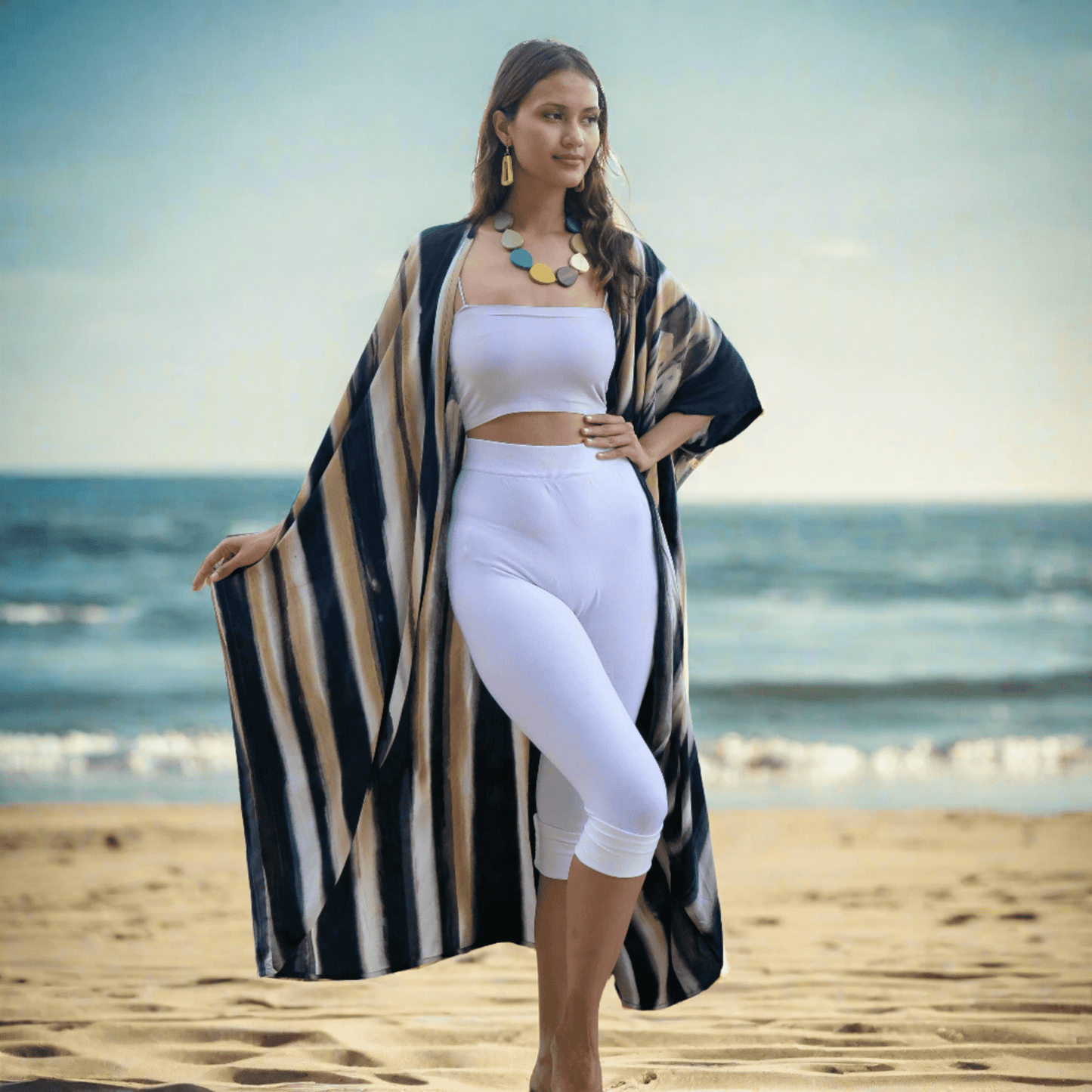 Bold Abstract Tie Dye Long Kimono In Grey & Gold - Best Life Apparel