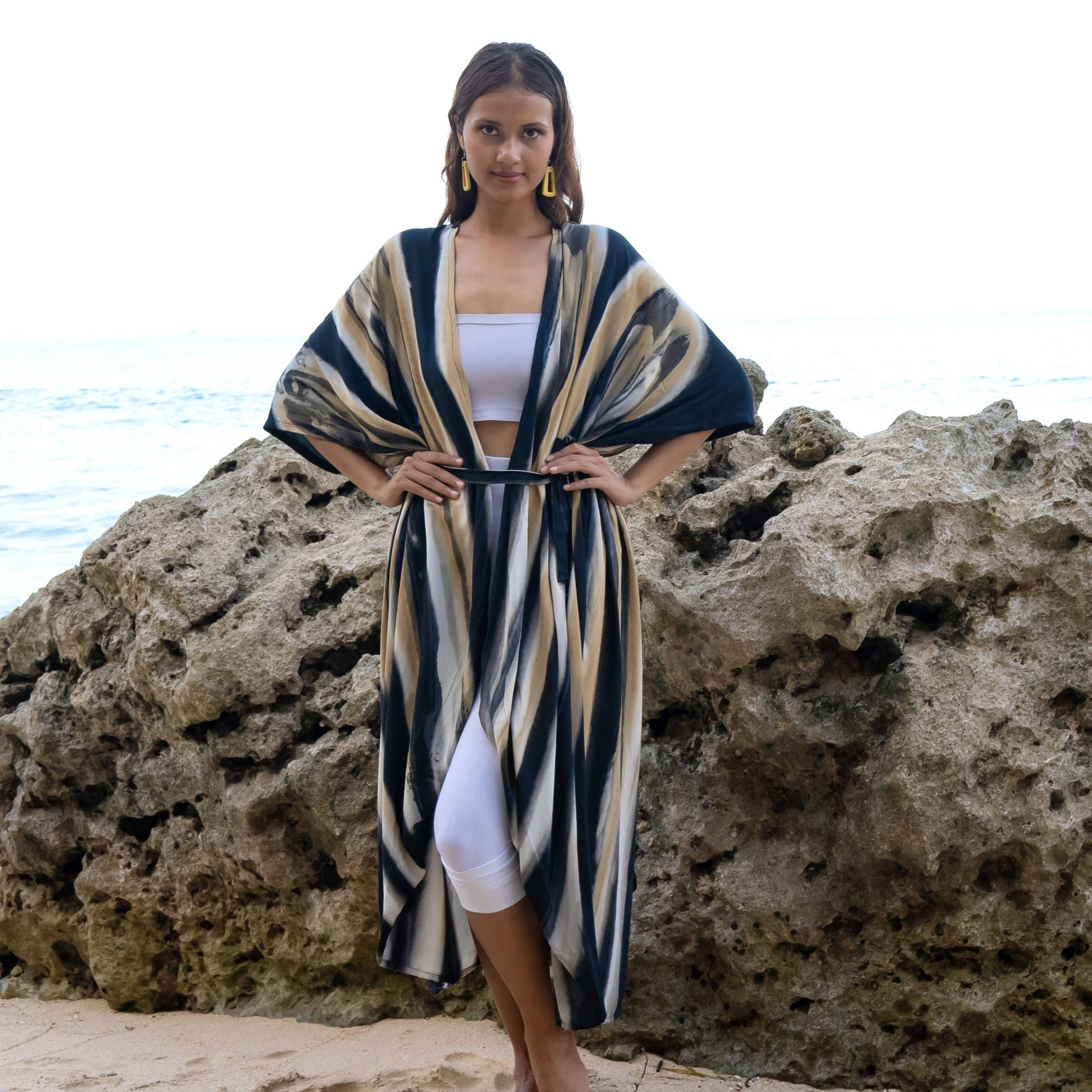 Bold Abstract Tie Dye Long Kimono In Grey & Gold - Best Life Apparel