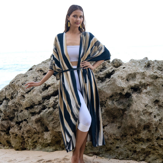 Bold Abstract Tie Dye Long Kimono In Grey & Gold - Best Life Apparel