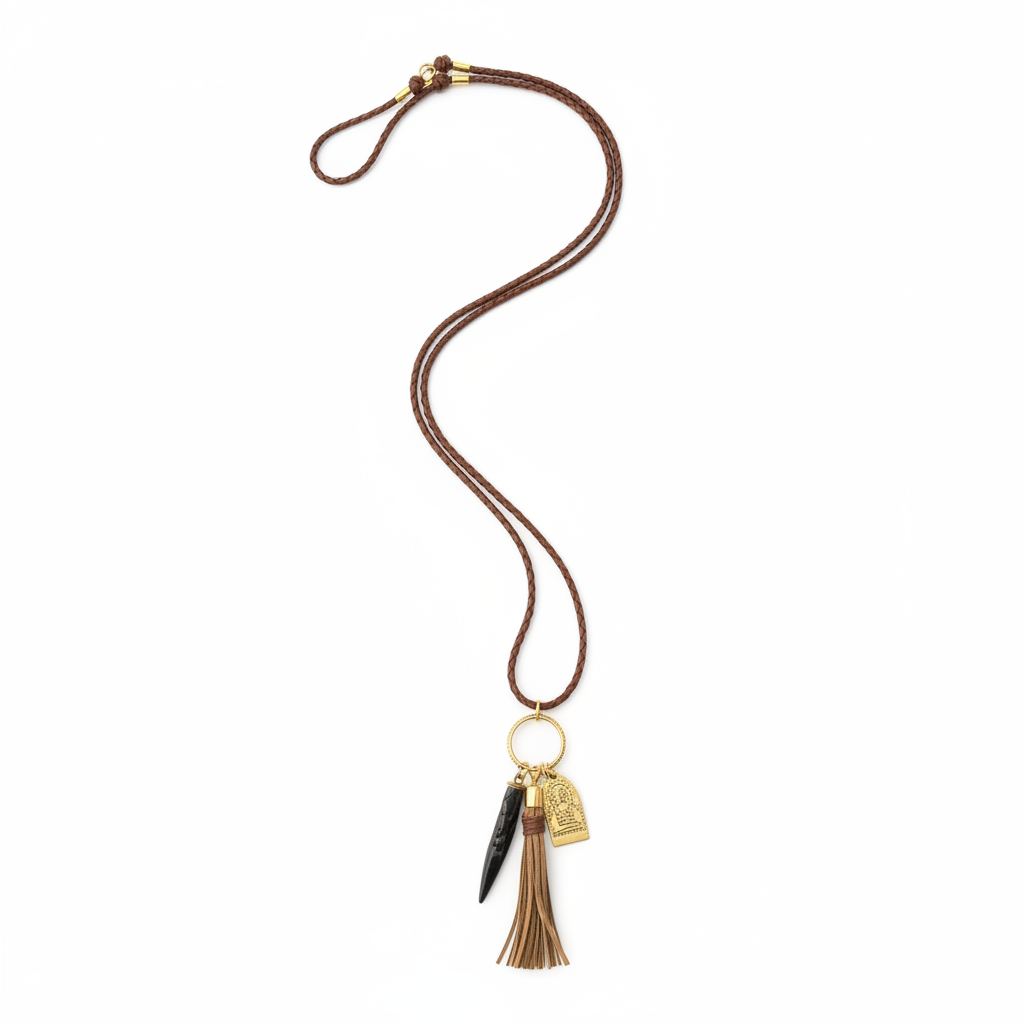 Braided leather necklace handmade in India — natural leather cord in an elongated drape on white background for boho and spiritual style