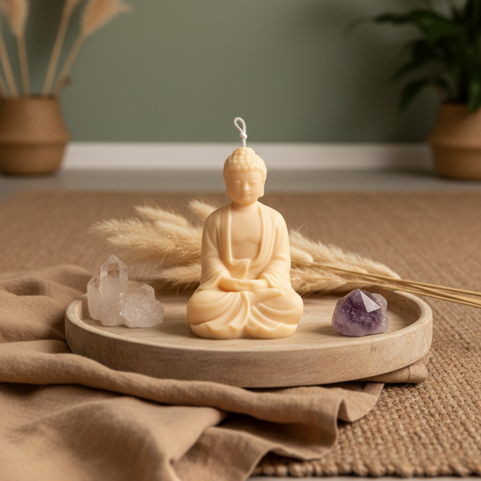 Estelle Studio Buddha candle cream ivory styled in meditation yoga room — sculptural soy wax spiritual candle home décor Canada