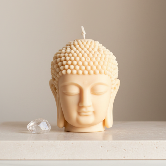 Cream ivory Buddha head sculptural soy candle with textured hair detail — Estelle Studio artisan spiritual candle, meditation home décor Canada