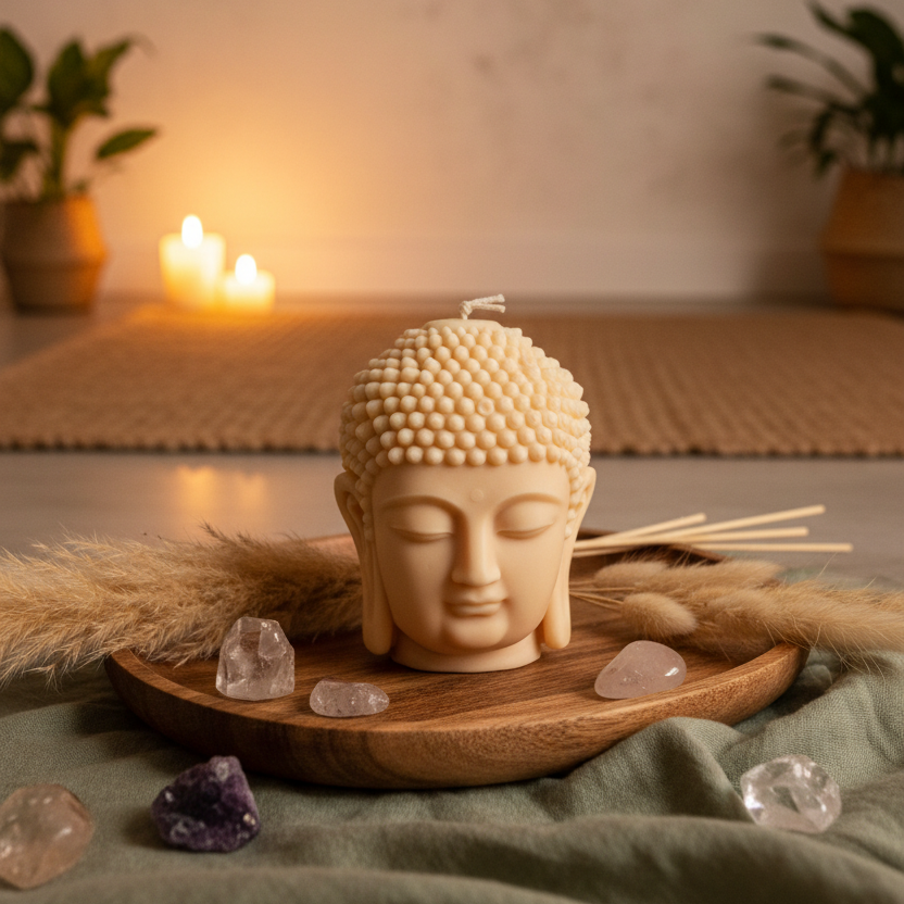 Estelle Studio Buddha head candle cream ivory styled in meditation room with crystals — sculptural spiritual soy candle yoga home décor Canada
