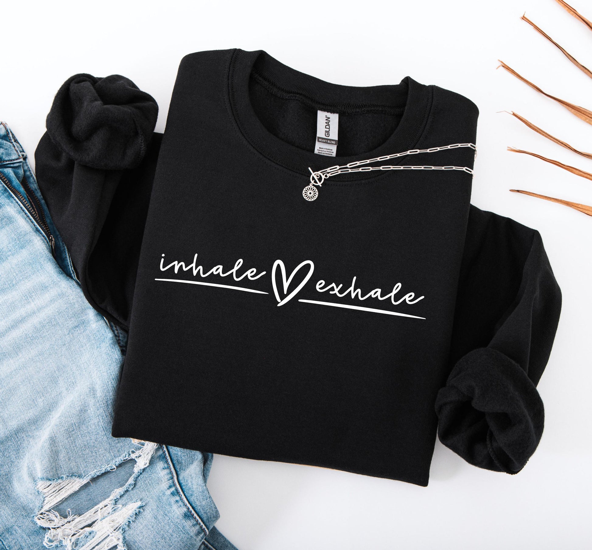 Inhale Exhale sweatshirt in soft cozy fleece fabric for yoga and everyday wear in black