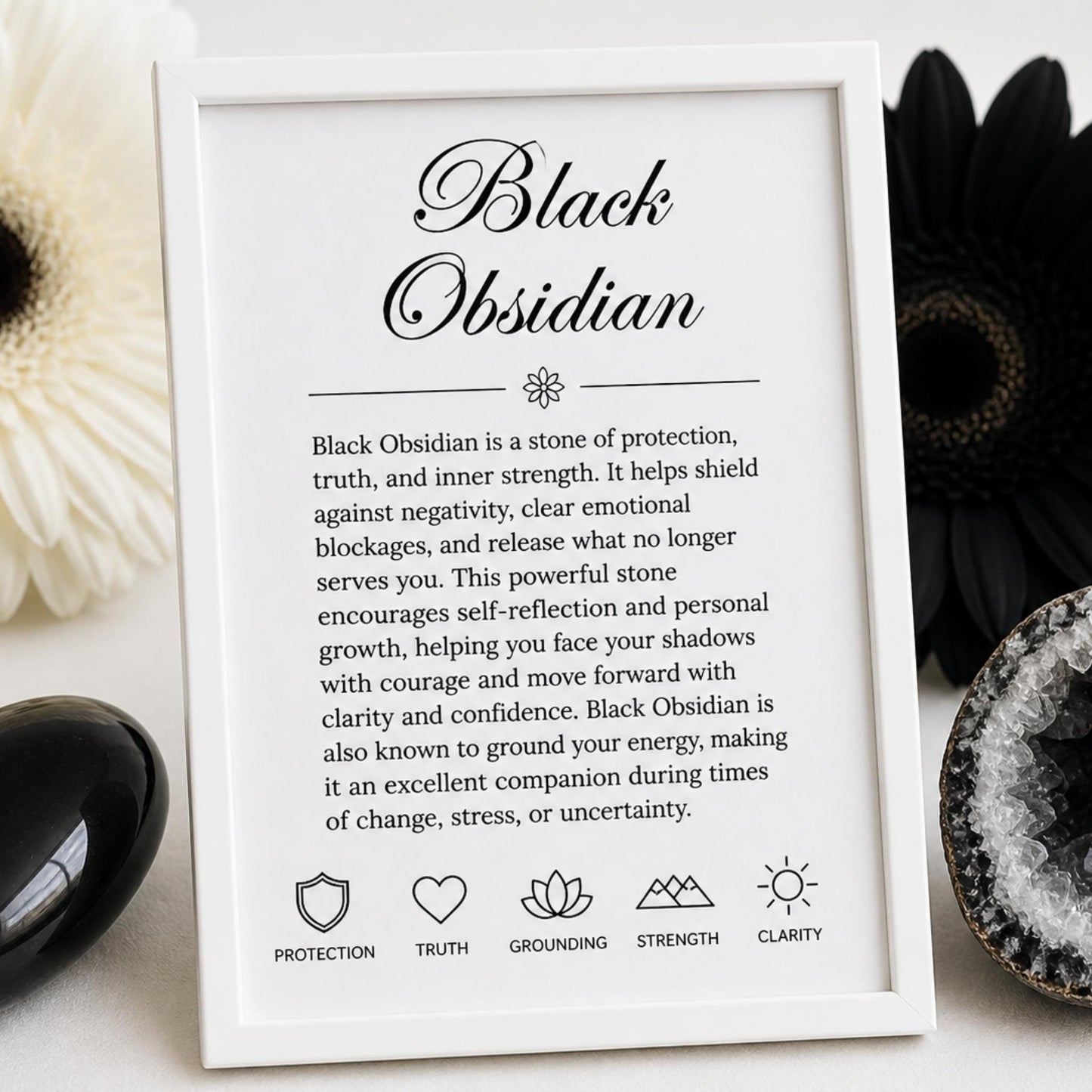 properties card for Raw Black Obsidian healing bracelet — natural black gemstone chips for protection, clarity, and Root Chakra stability