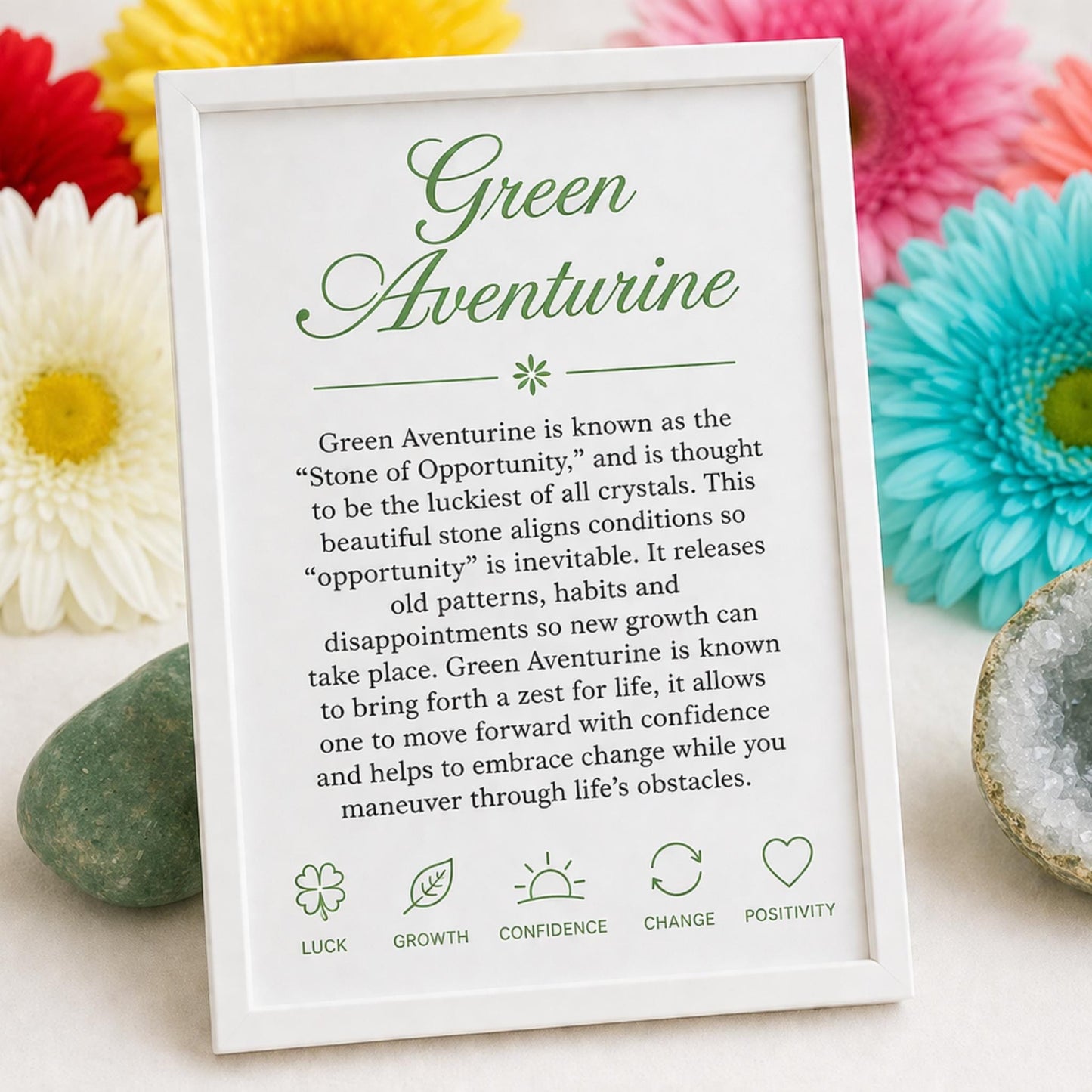 properties card for Green Aventurine crystal bracelet handmade to order — stone of opportunity gemstone jewelry for abundance and intentional living