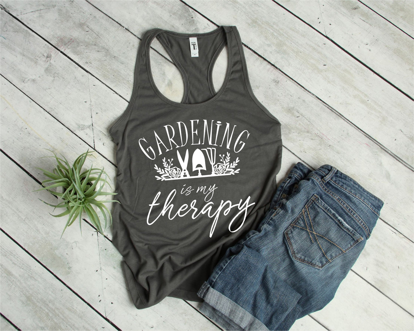 Gardening Is My Therapy tank top close-up showing soft fabric and print detail in dark grey