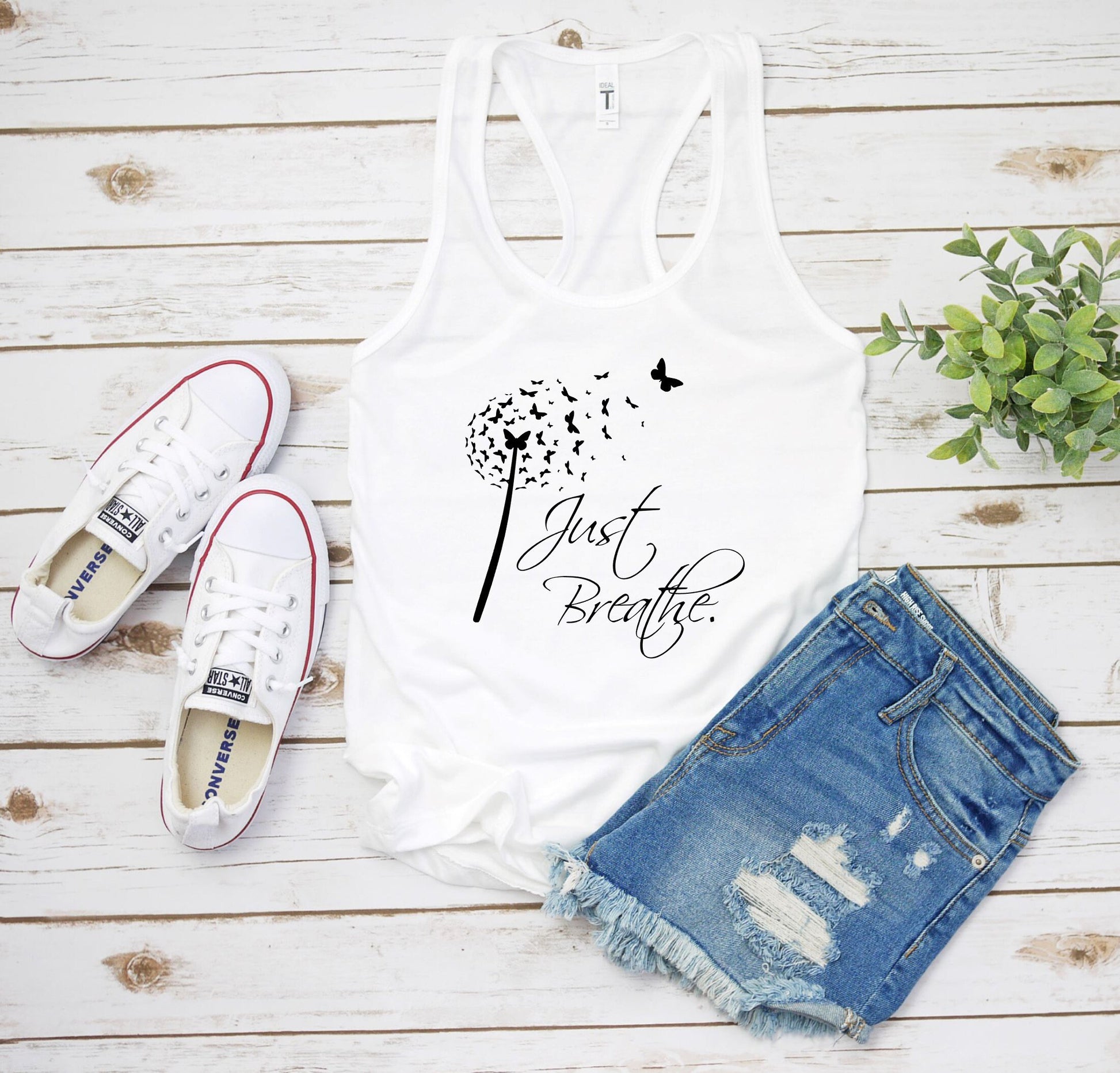 Just Breathe Butterfly Dandelion tank top in soft breathable fabric for yoga and daily wear in white