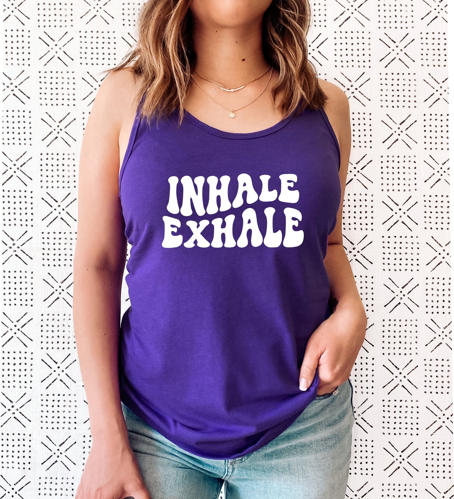 Simple and grounding Inhale Exhale racerback tank top for mindful yogis in purple