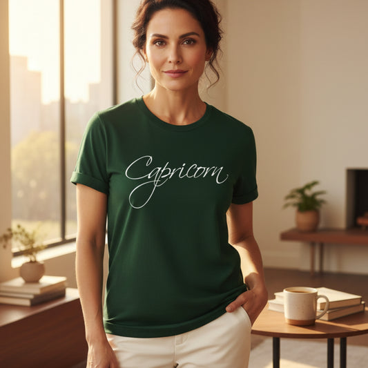 Women's Capricorn earth sign t-shirt — ambitious, disciplined, unstoppable — December January birthday gift for her