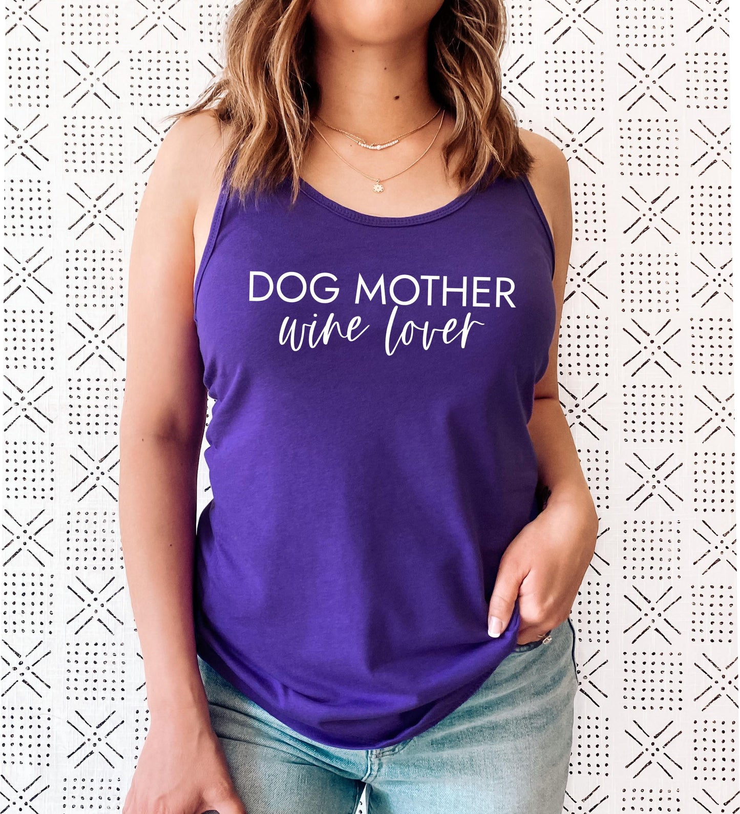 Dog Mother Wine Lover tank top close-up showing soft fabric and print detail in purple