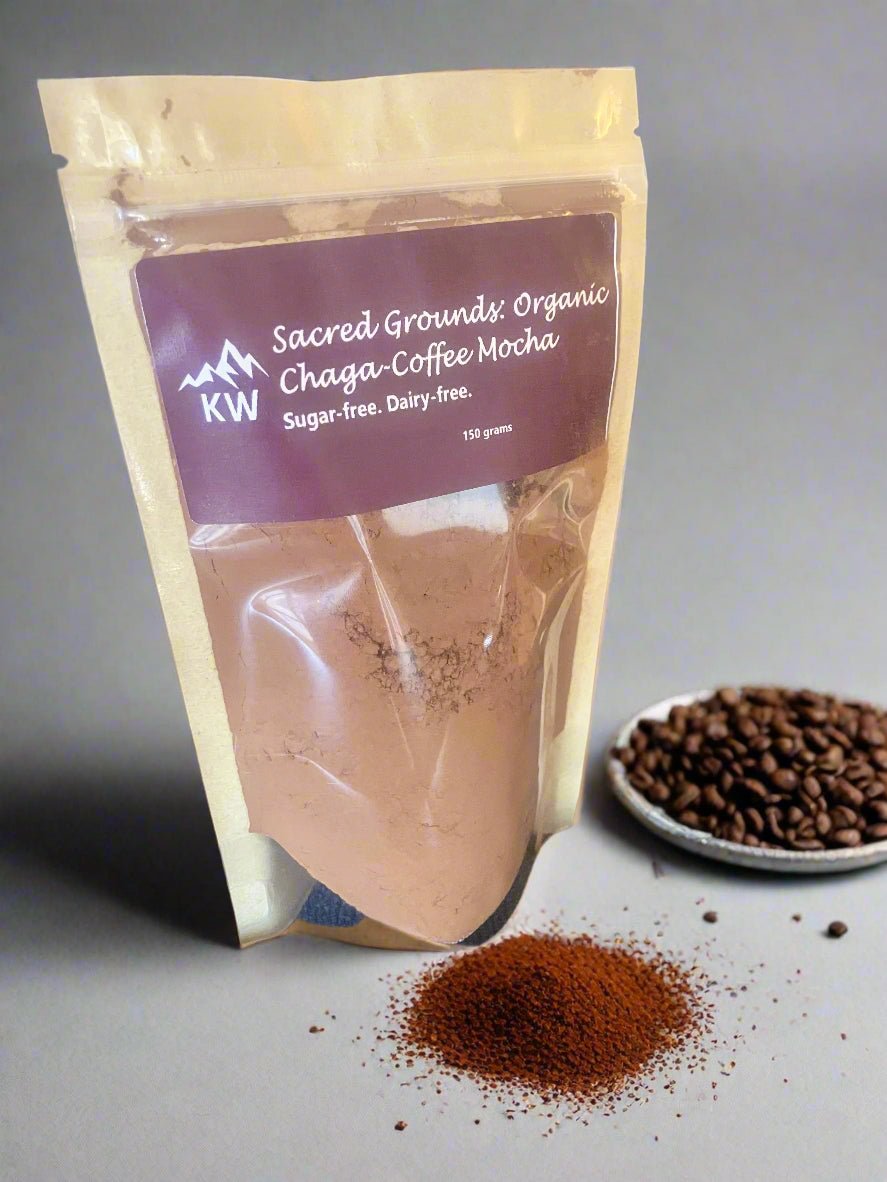 Sacred Grounds Organic Chaga-Coffee Mocha package with coffee grounds and beans on a gray background