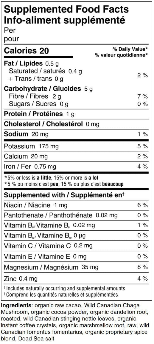 Nutritional information label for a food product with details on calories, macronutrients, micronutrients, and ingredients.