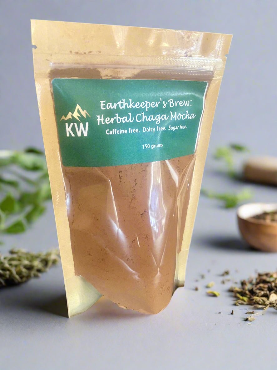 Packaged herbal chaga mocha with 'KW' branding on a neutral background