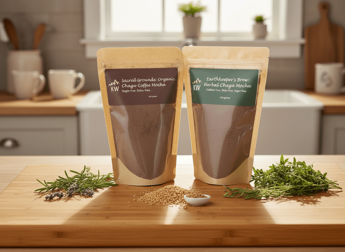 Two packages of organic tea on a wooden cutting board with herbs in a kitchen setting.