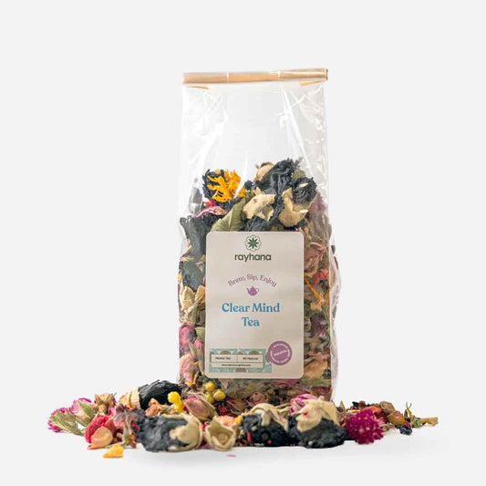 Focus-enhancing clear mind herbal tea — floral clarity blend for mental alertness and calm focus