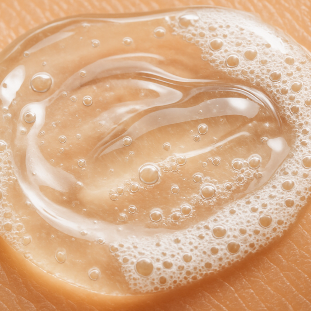 Close-up of a swirling pattern of Sweet Orange Gel Cleanser liquid with bubbles on a beige background